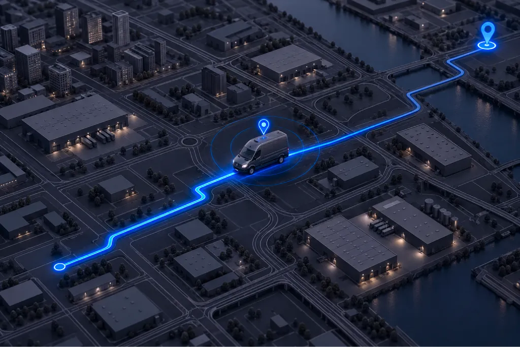 A van tracked live along its route through a city at night